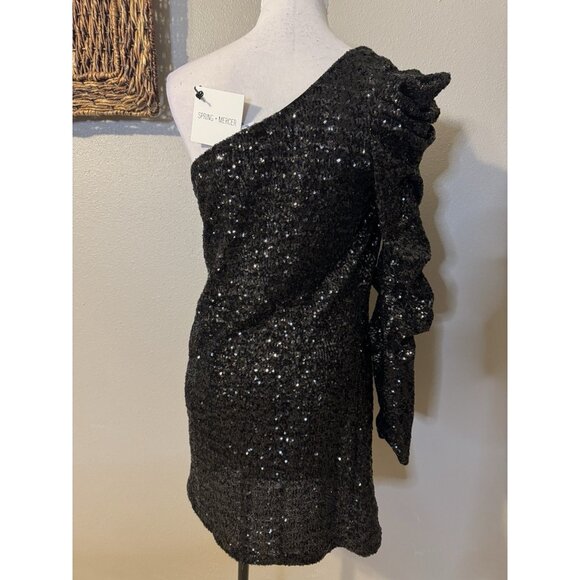 Spring + Mercer Dress XL Black Sequin One Long Sleeve Party Wedding Cruise NEW - Picture 7 of 11